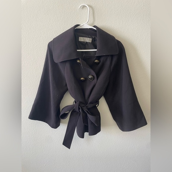 Tahari ASL black petite button up pea coat with tie and collar - Picture 1 of 3